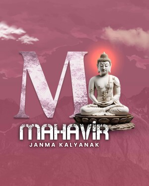 Image of Buddha with the letter 'M' and text 'Mahavir Janma Kalyanak'
