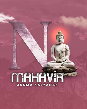 Image of Buddha statue with the text 'Mahavir Janma Kalyanak'