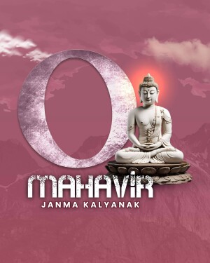 Image of Buddha with the letter 'O' and text 'Mahavir Janma Kalyanak'