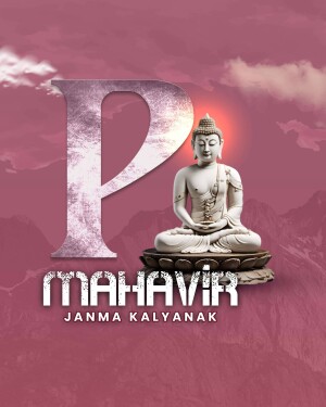 Image of Buddha with the letter 'P' and text 'Mahavir Janma Kalyanak'