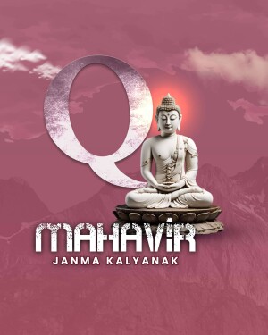 Image of Buddha in meditation with the letter 'Q' and text 'Mahavir Janma Kalyanak'