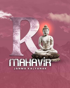 Image of Buddha with the letter 'R' and text 'Mahavir Janma Kalyanak'