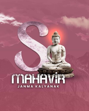 Image of Buddha in meditation with the text 'Mahavir Janma Kalyanak'