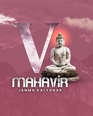 Image of Buddha with the letter 'V' and text 'Mahavir Janma Kalyanak'
