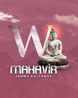 Image of Buddha with the letter 'W' and text 'Mahavir Janma Kalyanak'