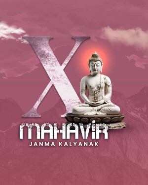 Image of Buddha with the text 'Mahavir Janma Kalyanak' and a large 'X'