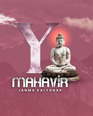 Image of Buddha with the letter 'Y' and text 'Mahavir Janma Kalyanak'
