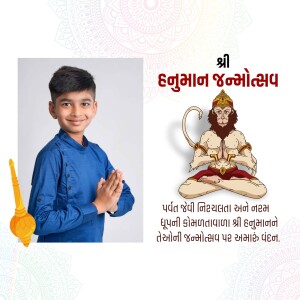 A boy with folded hands and Hanuman image for Hanuman Jayanti