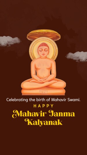 Image of Lord Mahavir in a meditative pose with text celebrating Mahavir Janma Kalyanak