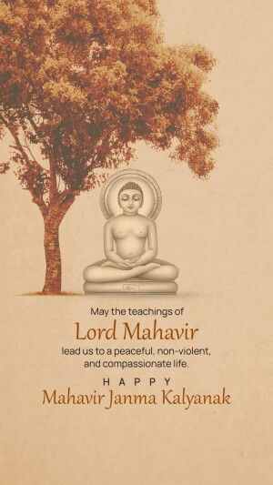 Image of Lord Mahavir in lotus position with a Mahavir Janma Kalyanak greeting.