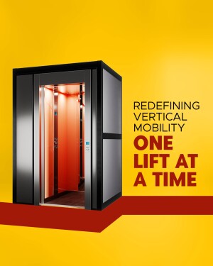 Sleek black and silver elevator with red interior and yellow background