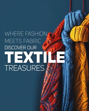 Colorful knitted textiles hanging on hooks with text overlay