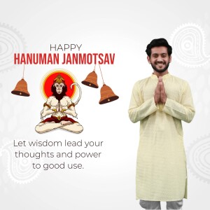 A man in traditional attire wishing Happy Hanuman Janmotsav with an image of Lord Hanuman.