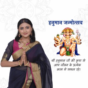 Woman in traditional saree with Hanuman image for Hanuman Jayanti