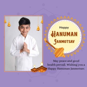 A boy in traditional attire with a Hanuman Janmotsav greeting.