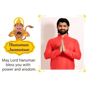 Image depicting a man in prayer with Hanuman and Hanuman Janmotsav text.
