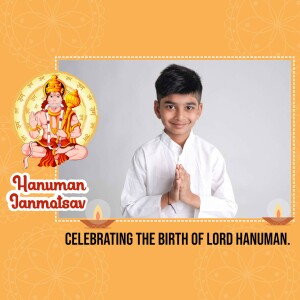 A young boy with folded hands in front of a Hanuman Jayanti themed background.