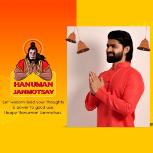 A man in traditional attire praying with an image of Lord Hanuman in the background, celebrating Hanuman Janmotsav.