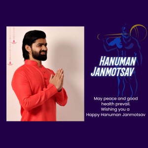 Man in traditional attire with Hanuman Janmotsav graphic