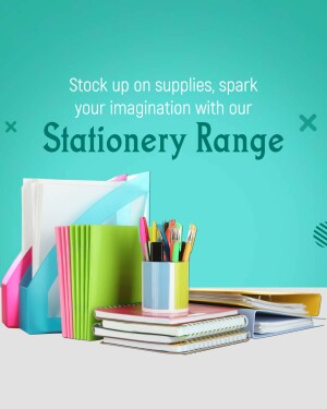 Colorful stationery supplies including notebooks, pens, folders, and paper.