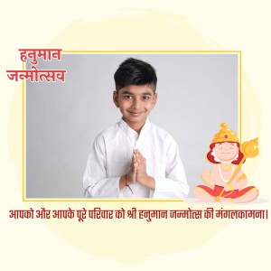 A young boy with folded hands and a Hanuman idol on the side, wishing Hanuman Jayanti.
