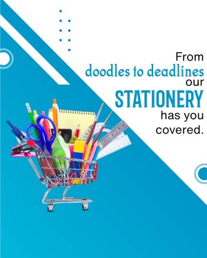 Shopping cart filled with stationery items like pens, pencils, scissors, and notebooks.