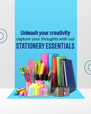 Colorful stationery items including pens, pencils, scissors, notebooks, and sticky notes arranged in a creative display.