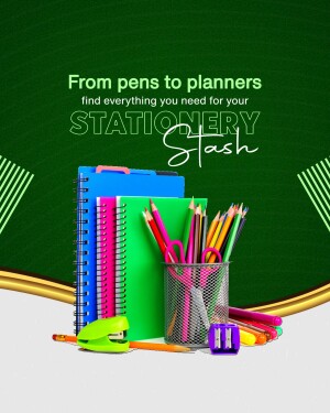 Colorful stationery items including pens, pencils, notebooks, and a stapler on a green chalkboard background.