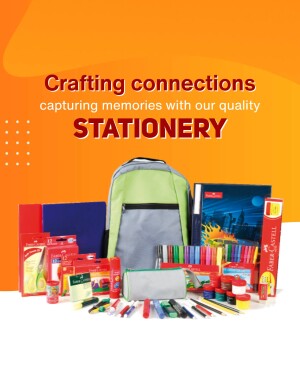 A colorful image showcasing a variety of stationery items including notebooks, pens, pencils, and a backpack.