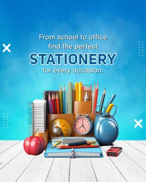 Colorful stationery items including pens, pencils, notebooks, and desk accessories arranged on a white wooden surface.