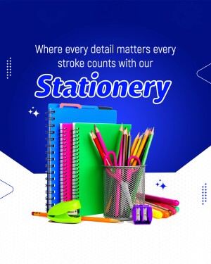 Colorful stationery items including notebooks, pencils, pens, scissors, and a stapler on a blue background.