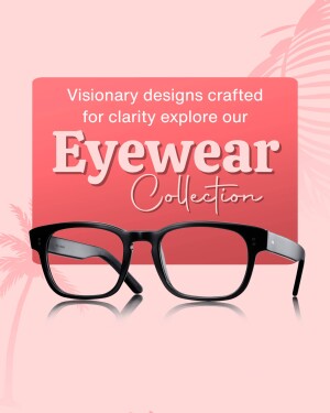 Stylish black framed eyeglasses on a pink gradient background with palm leaves.