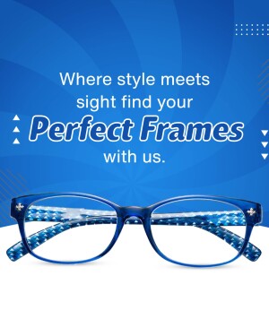 Blue patterned eyeglasses on a white surface with text promoting perfect frames.