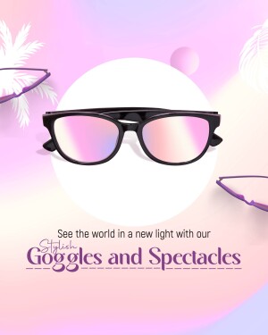 Close-up of fashionable goggles with a colorful iridescent lens against a pastel background.