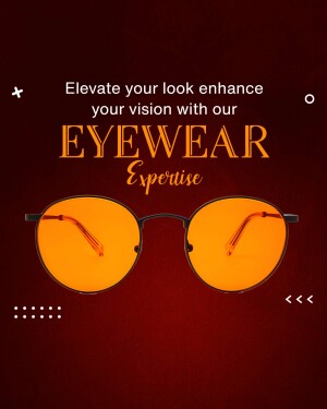 Close-up of round orange-tinted eyeglasses on a dark red background with text promoting eyewear expertise.