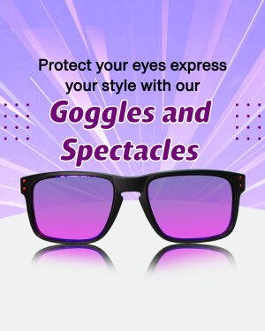 Stylish black sunglasses with a purple and pink gradient lens on a vibrant purple and white background.