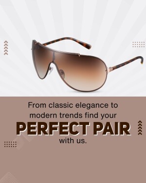 A pair of brown gradient sunglasses on a neutral background with promotional text.