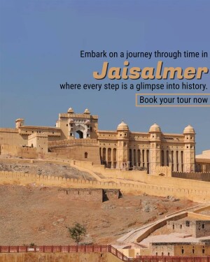 Jaisalmer Fort in Rajasthan, India, with text promoting tourism.