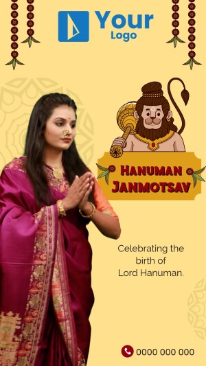 Image depicting a woman in traditional attire with an illustration of Lord Hanuman, celebrating Hanuman Janmotsav.