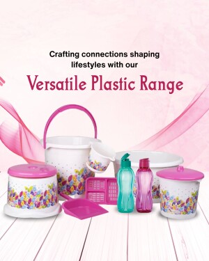 Collection of colorful plastic household items including buckets, containers, and bottles.