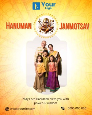 Family celebrating Hanuman Janmotsav with a festive poster