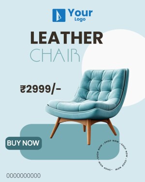 Image of a light blue leather chair with a price tag and call to action.