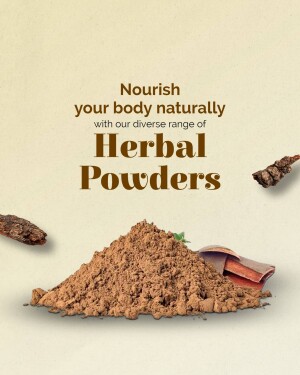 Pile of herbal powder with herbs and packaging