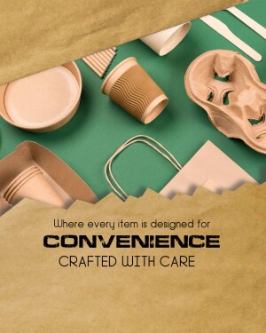 Top-down view of disposable paper cups, plates, and cutlery on a green surface with face masks, promoting convenience and care.