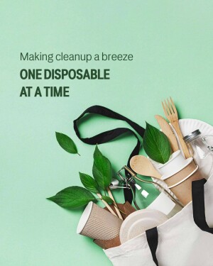 A collection of disposable cutlery, paper plates, and a reusable tote bag with green leaves, promoting eco-friendly cleanup.