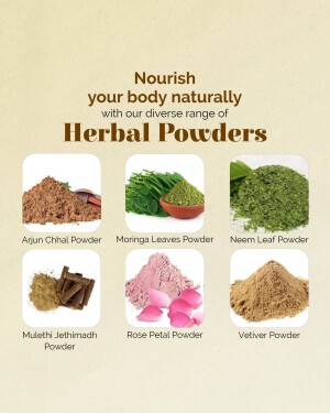 Collection of herbal powders including Arjun Chhal, Moringa, Neem, Kalajethi, Rose Petal, and Vetiver.