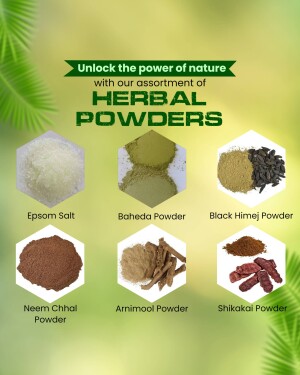 Assortment of herbal powders including Epsom Salt, Baheda, Black Himej, Neem Chhal, Arnimool, and Shikakai.