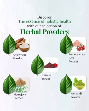 Image showcasing various herbal powders and their natural sources.