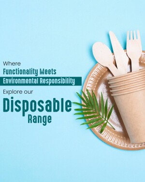 A promotional image featuring disposable wooden cutlery and a plate on a light blue background.