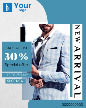 Man in a suit promoting a new arrival sale with 30% off